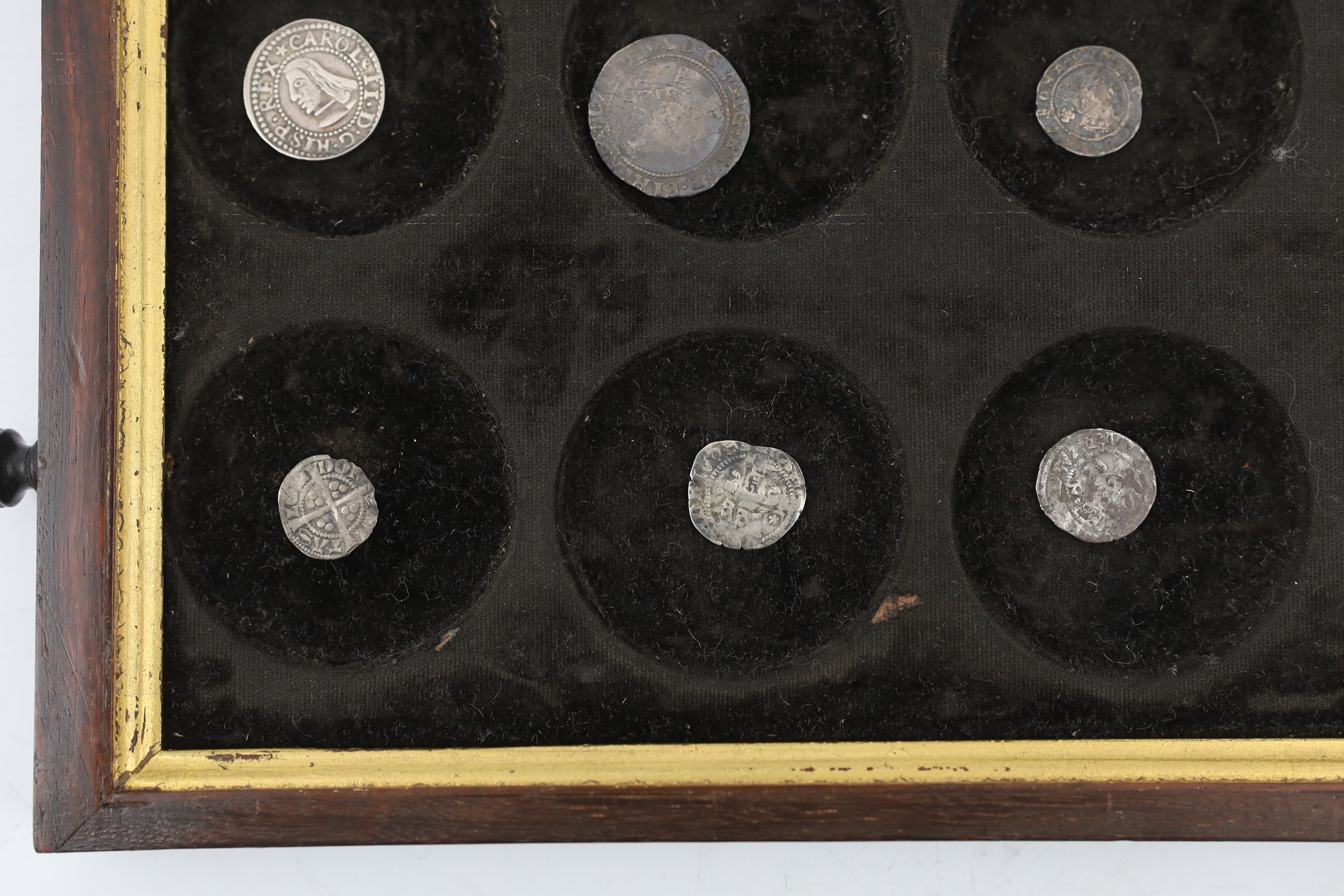 British hammered silver coins, to include five long cross pennies, Elizabeth I groat 1567, Elizabeth I penny 1575, James II shilling together with Charles II of Spain Catalonia groat 1687 (9)